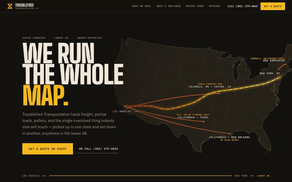 Troublefree Transportation — freight carrier concept site with a scroll-drawn route map
